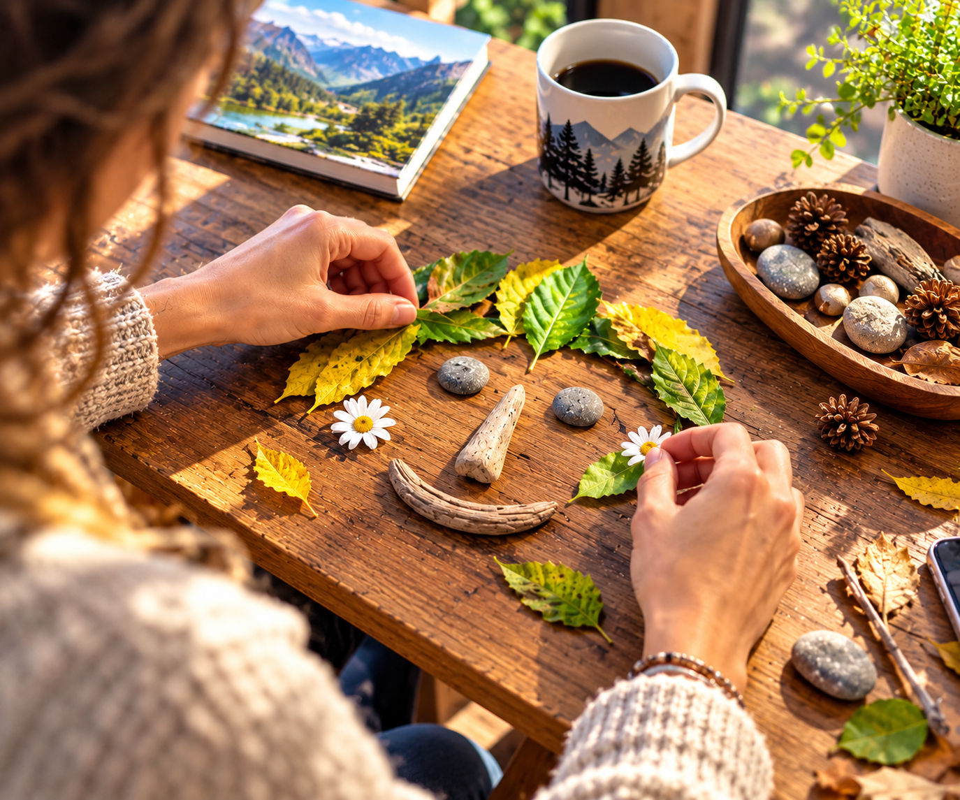 A woman in a cozy sweater arranges leaves, stones, daisies and driftwood into a smiling face on a sunlit wooden table
