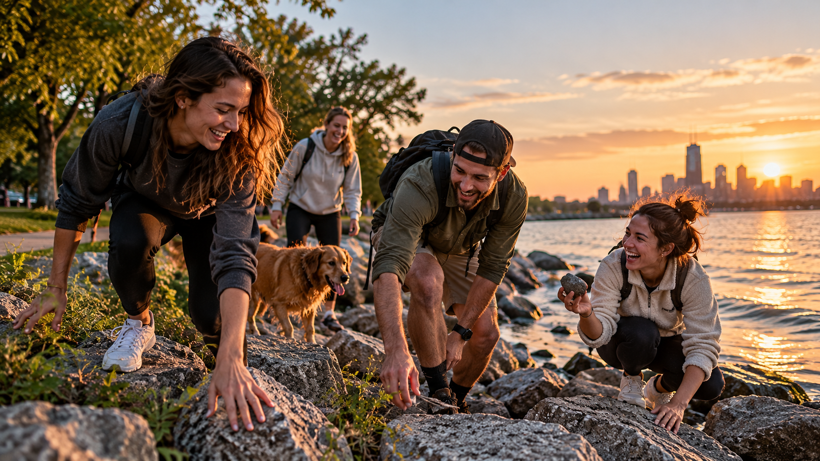 Friends and a dog climb sunlit rocks on a lakefront at sunset while one holds up a stone she found