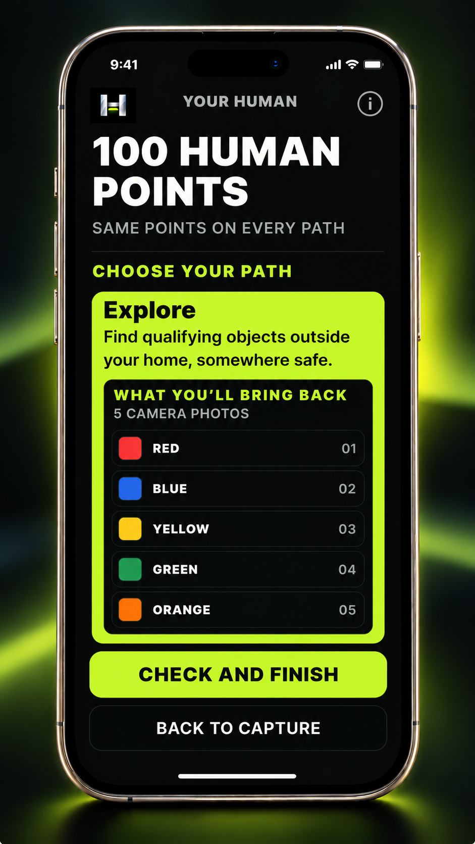 The HUMAN app path screen: one hundred points, choose your path, with the five colors to bring back