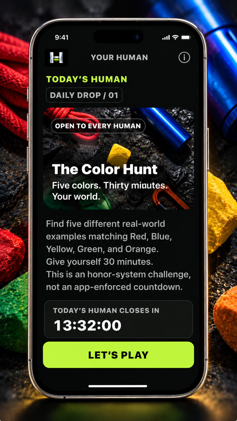 The HUMAN app showing today's challenge, The Color Hunt, with the full instructions and countdown