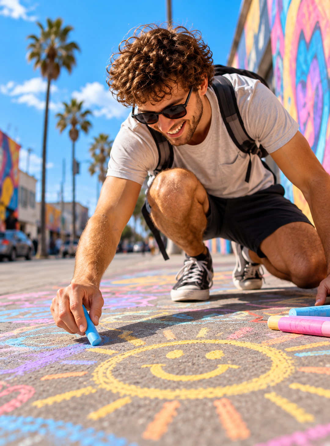 A smiling man crouches on a sunny sidewalk covered in colorful chalk drawings and draws a yellow smiley face with a piece of blue chalk