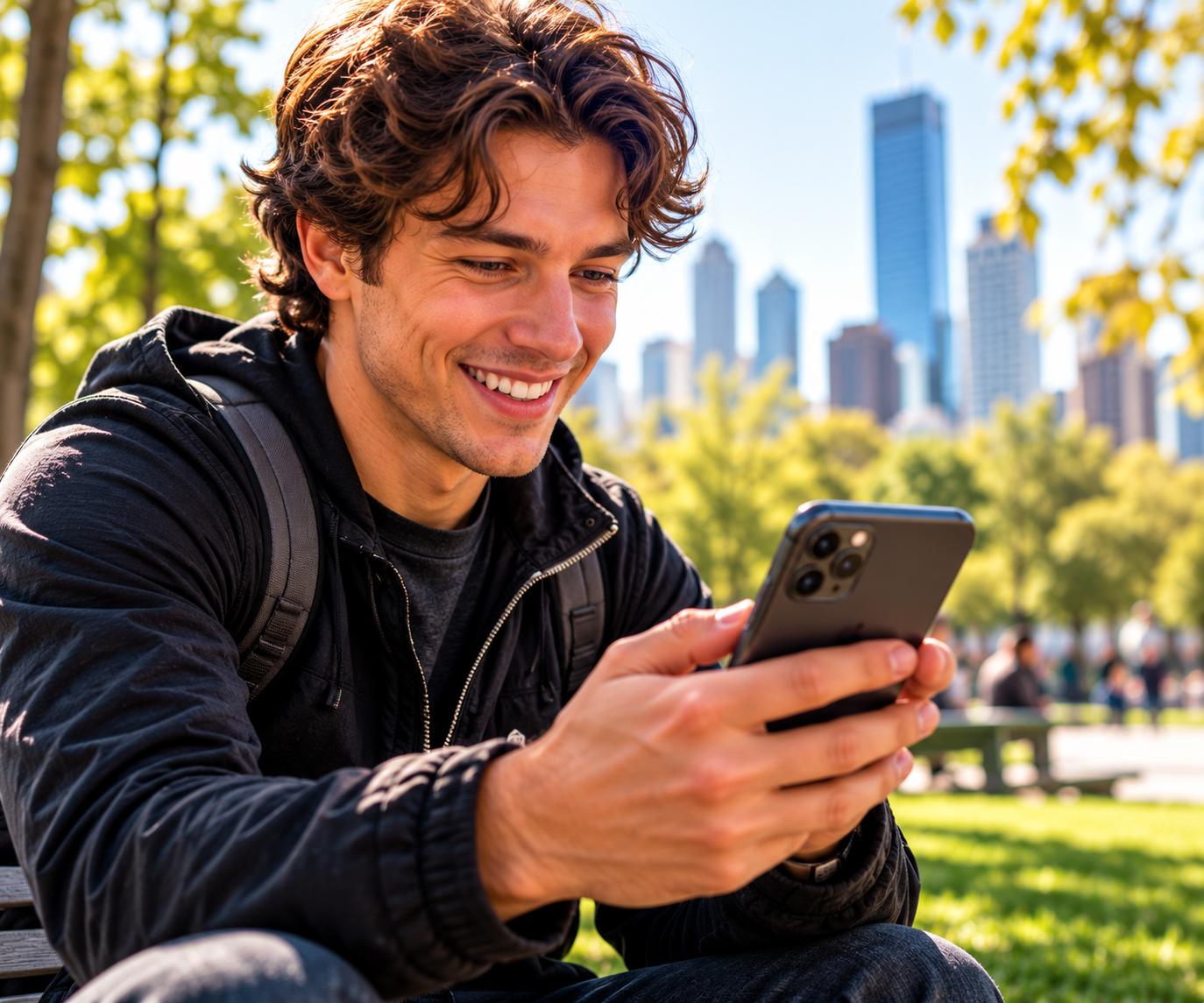 A young man on a city park bench smiles down at his phone, trees and skyline behind him