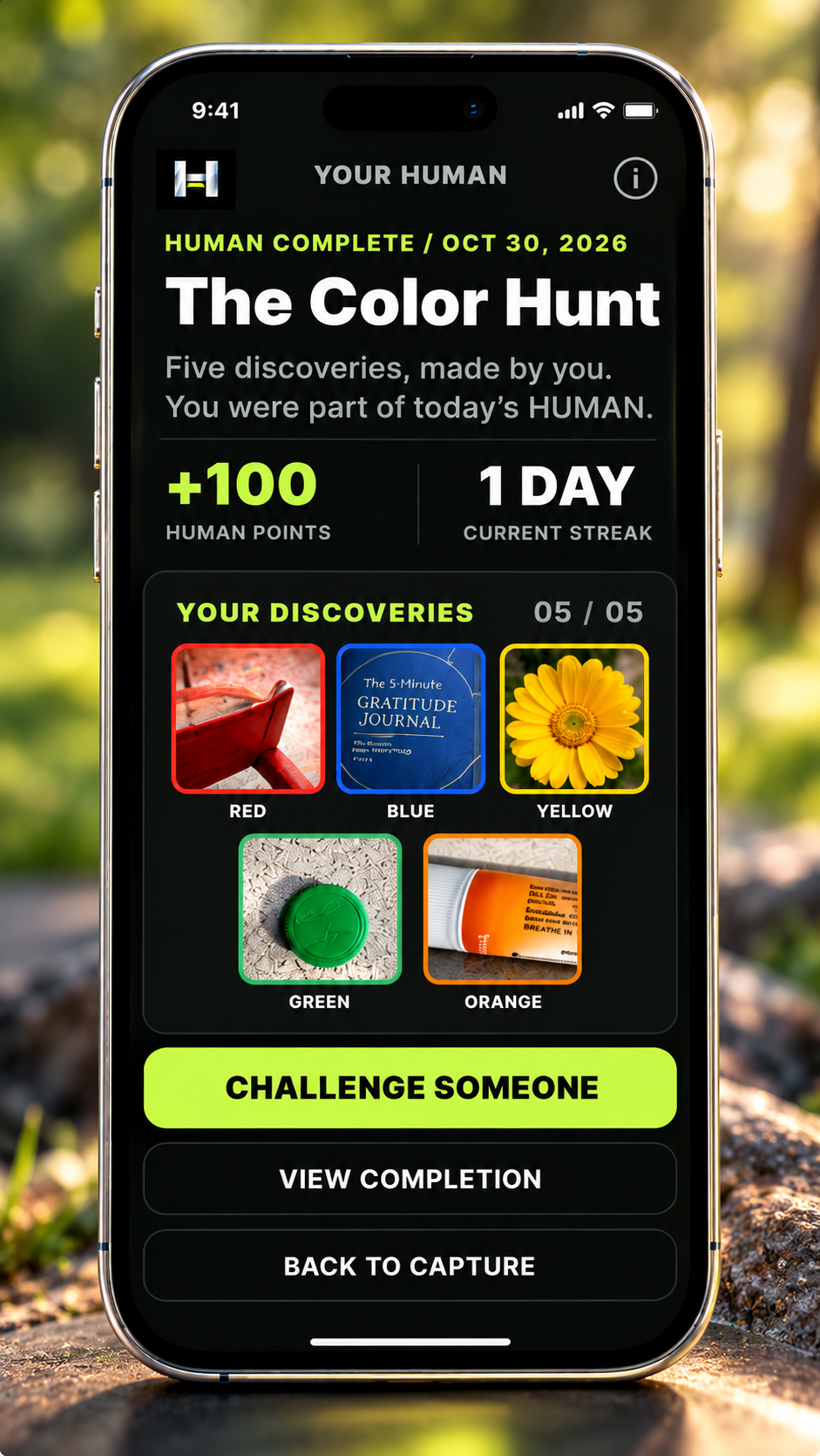 The HUMAN app completion screen for The Color Hunt: plus one hundred points, a one-day streak, and five color discoveries