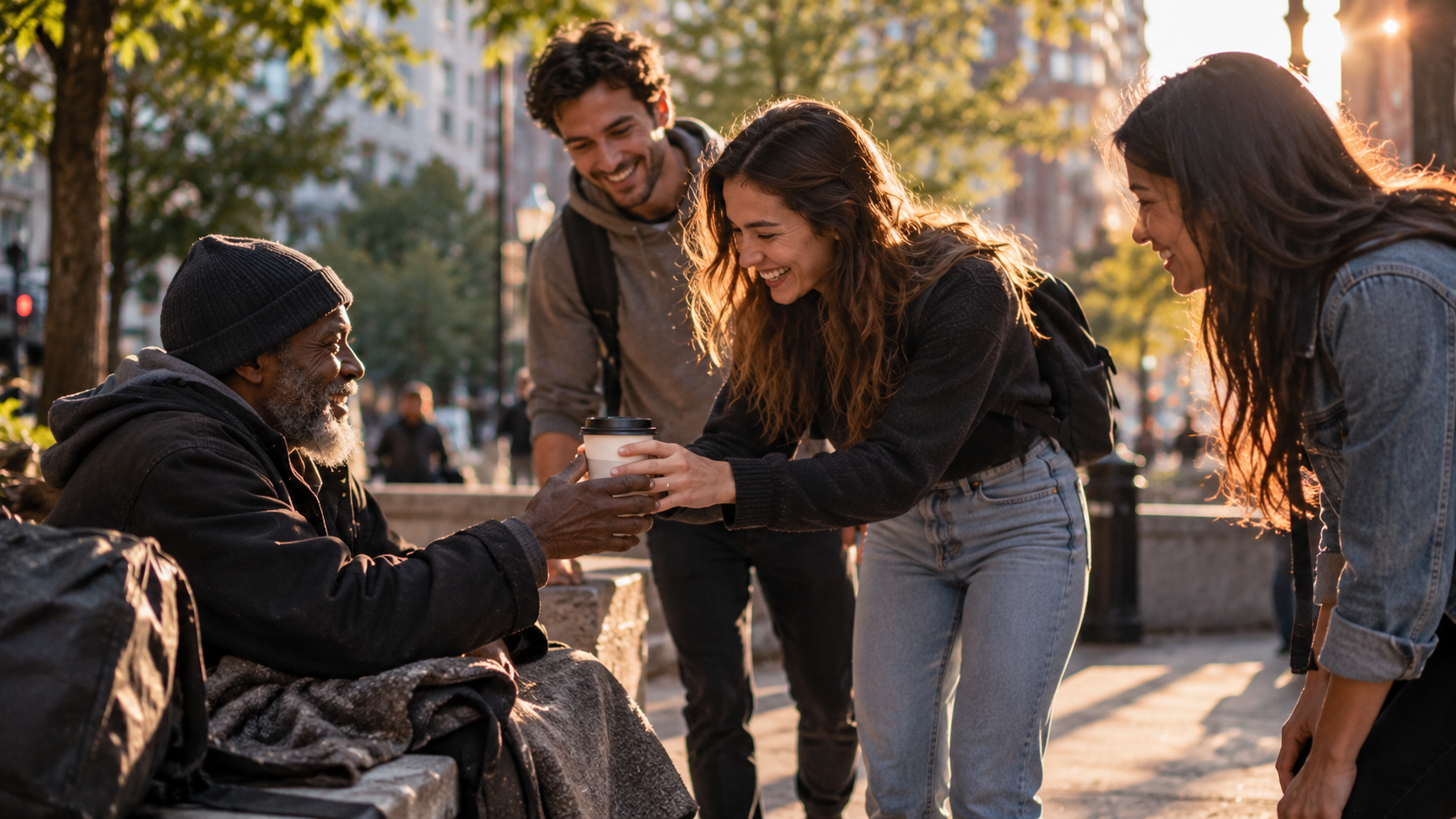 Three friends hand a cup of coffee to an older man sitting on a park bench in golden evening light